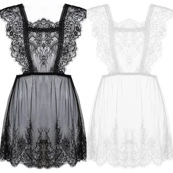 

Temperament and interest clothing See-through lace mesh halter with seductive pajama sexy backless eyelash appeal nightgown