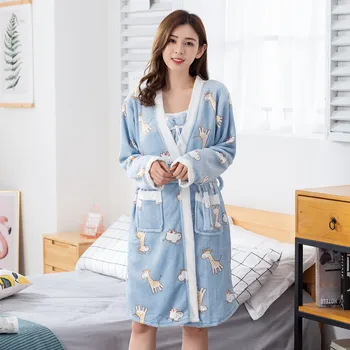 

Cartoon Female Kimono Flannel Bathrobe Gown Thick Autumn Winter 2PCS Sleep Set Nightwear Sexy Home Clothing Negligee Homewear
