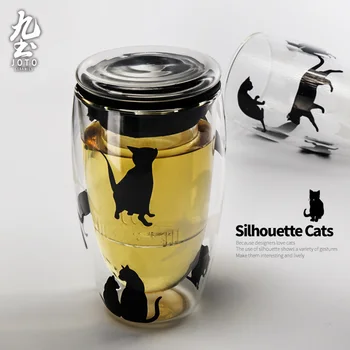 

Double glass tea cup with cover tea filter thickened insulated tea making cartoon black cat water coffee mlik beer cup