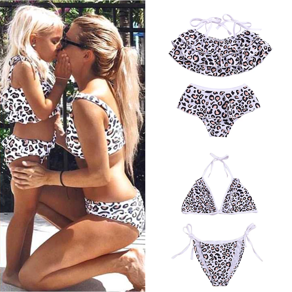 Топ, трусы без бретелек, пляжные шорты для мамы и дочки, Fabala, купальник на шнуровке, Леопардовый принт, сексуальный летний комплект бикини для родителей и детей