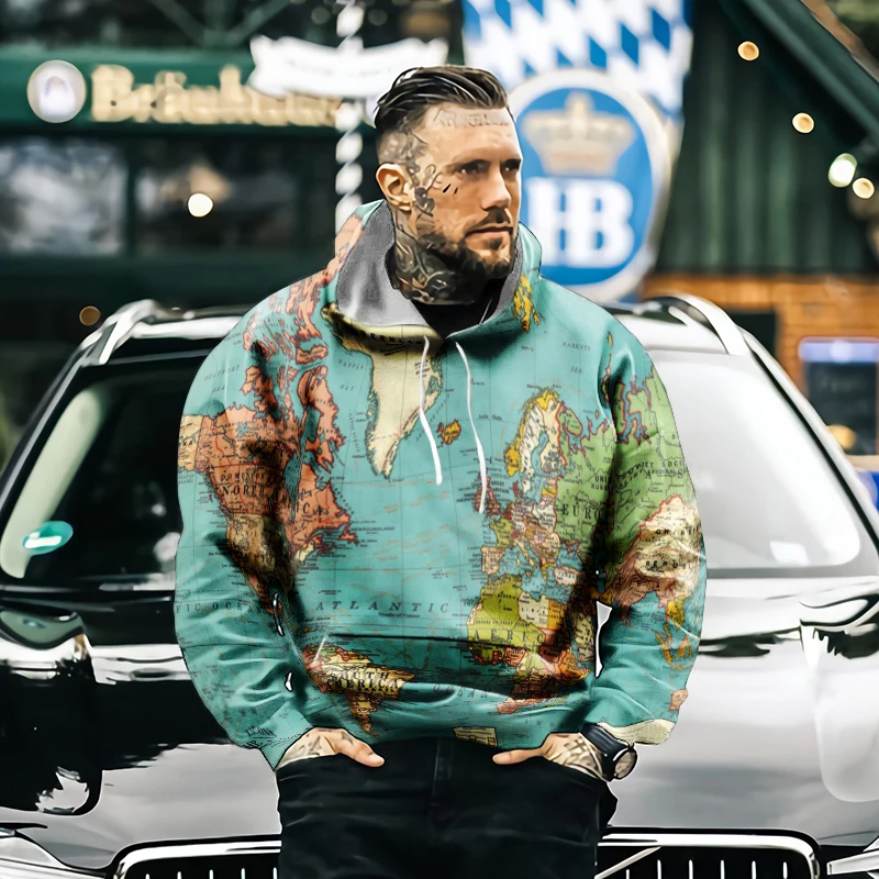 Мужская толстовка с 3D-принтом карты мира в стиле ретро модная уличная трендовая