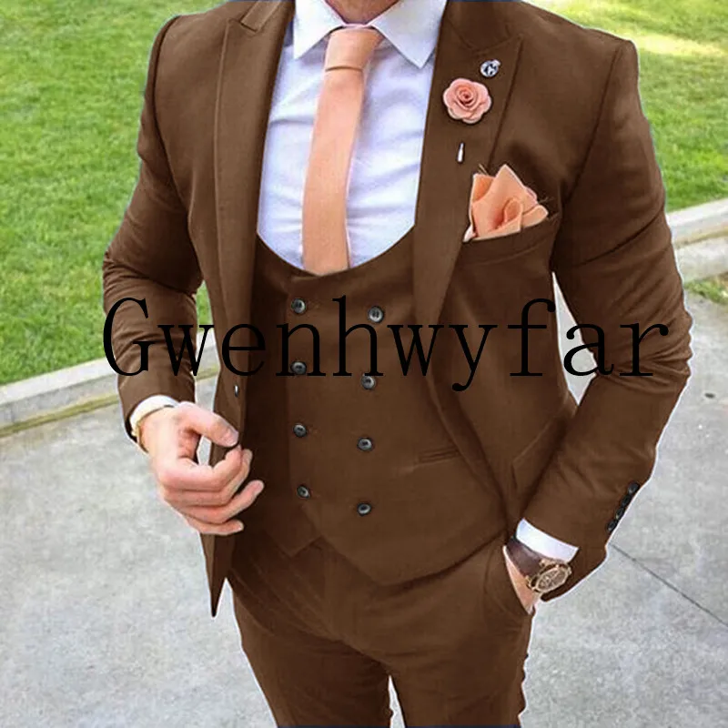 Однотонный приталенный мужской костюм из 3 предметов, свадебное платье, мужской повседневный деловой пиджак, свадебные вечерние костюмы, смокинг для жениха - Цвет: brown