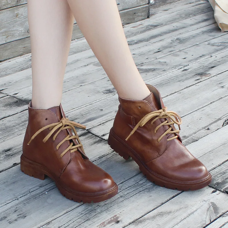 

2019 Ankle Boots Women Genuine Leather Female Boots Lace Up Martin Boots Flat With Autumn /Winter Round Toe Black/Camel