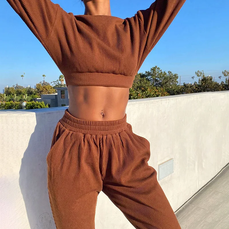 

Striped Solid Casual Two Piece Sets Women Active Autumn Winter New Pullover Crop Top+Pants Matching Sportswear Female Tracksuits