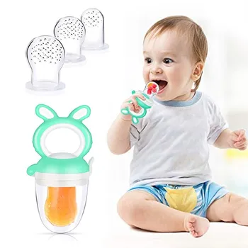 

Cute Cartoon Baby Feeder Pacifier Soft Silicone Fresh Food Fruit Vegetables Feeder Pacifier Teether with 3 Nipples Teats Green