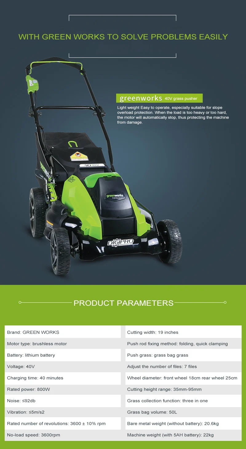 Greenworks 19-дюймовый 40V 800W Аккумуляторная электрическая газонокосилка Перезаряжаемые домашний триммер для парка лужайке Mickey Mouse beat