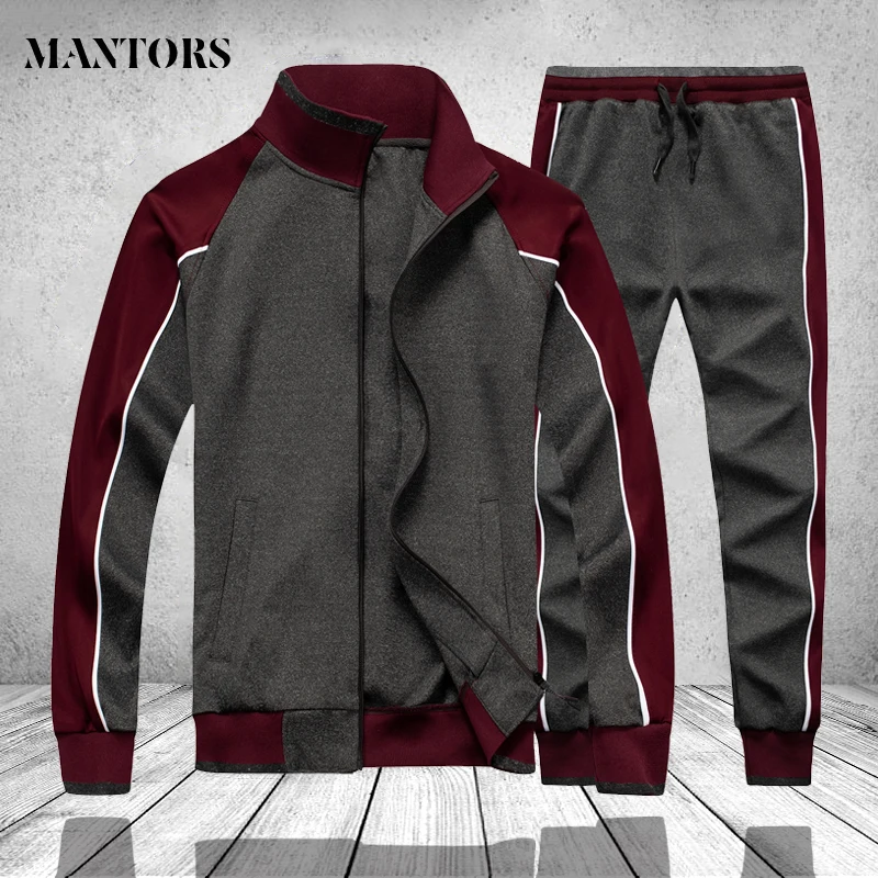 Patchwork Men Tracksuit Winter Spring 2 PCS Fleece Sweatshirt Jackets ...