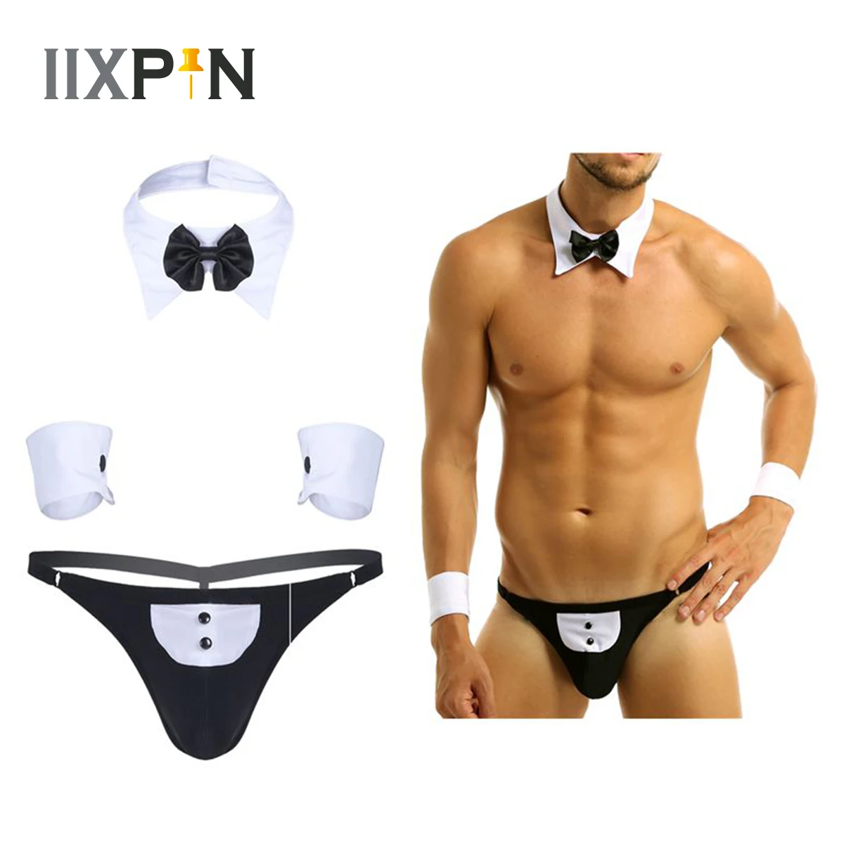 Men Lingerie Set 3Pcs Mens Waiter Lingerie Suit Cosplay Erotic Set