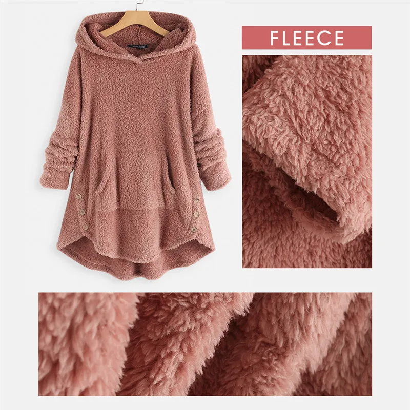  Women Winter Fleece Hoodied Sweatshirt ZANZEA Hooded Long Sleeve Plush Fluffy Pullover Casual Solid