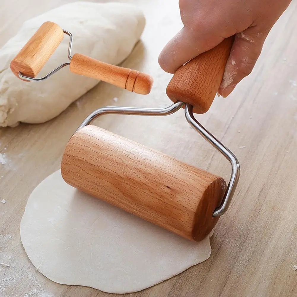 WoodenRollingPinPushDoughRollerFondantCookiePizzaKitchen