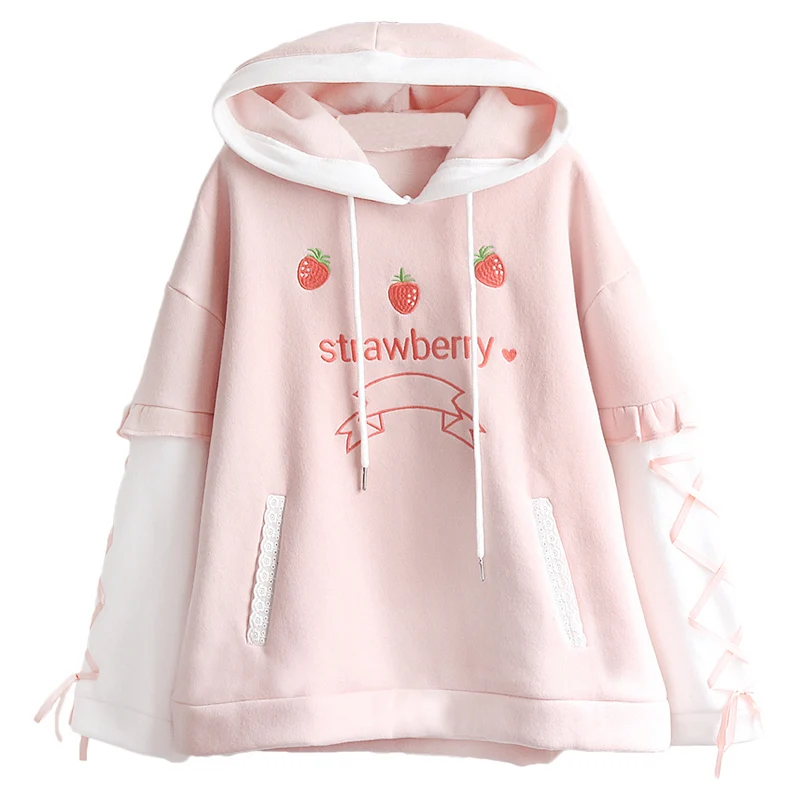 Sweet Strawberry Print Hooded Jacket Japanese Style Lolita Patchwork Long Sleeve Casual Coat Cute Outerwear 