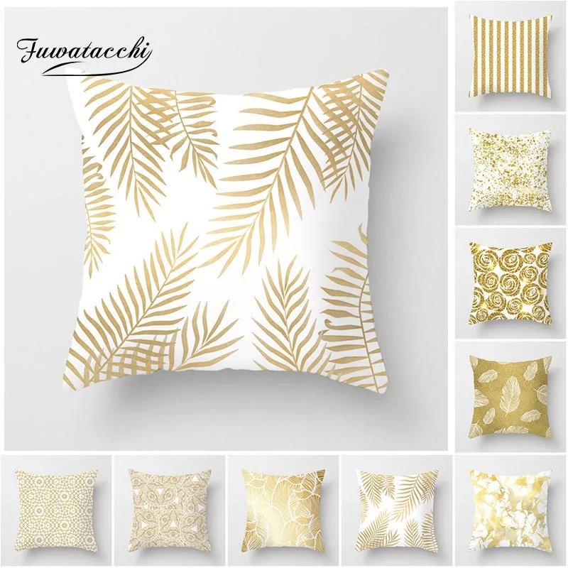 

Fuwatacchi Gold Geometric Cushion Covers Leaf Dot Wave Pillow Cases for Home Sofa Chair Car Decoration Flowers Pillowcases 2019