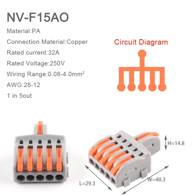 5PCS 1 in multiple out Splitter plug-in Quick Wire Connectors Combined Butt Parallel Terminals With Lever For Junction Box 5PCS NV-F15AO