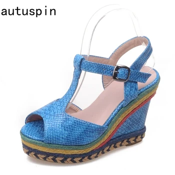 

autuspin 2020 Women Summer Serpentine PU Leather Sandals Fashion Women Rome Wedges Platform Beach Shoes Blue Grey Black Yellow