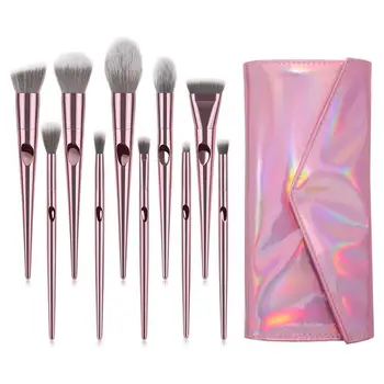 

Pro 10pcs Makeup Brushes Set Blusher Foundation Eyeshadow Make Up Brushes Kits Travel Cosmetic Tools With Laser PU Case
