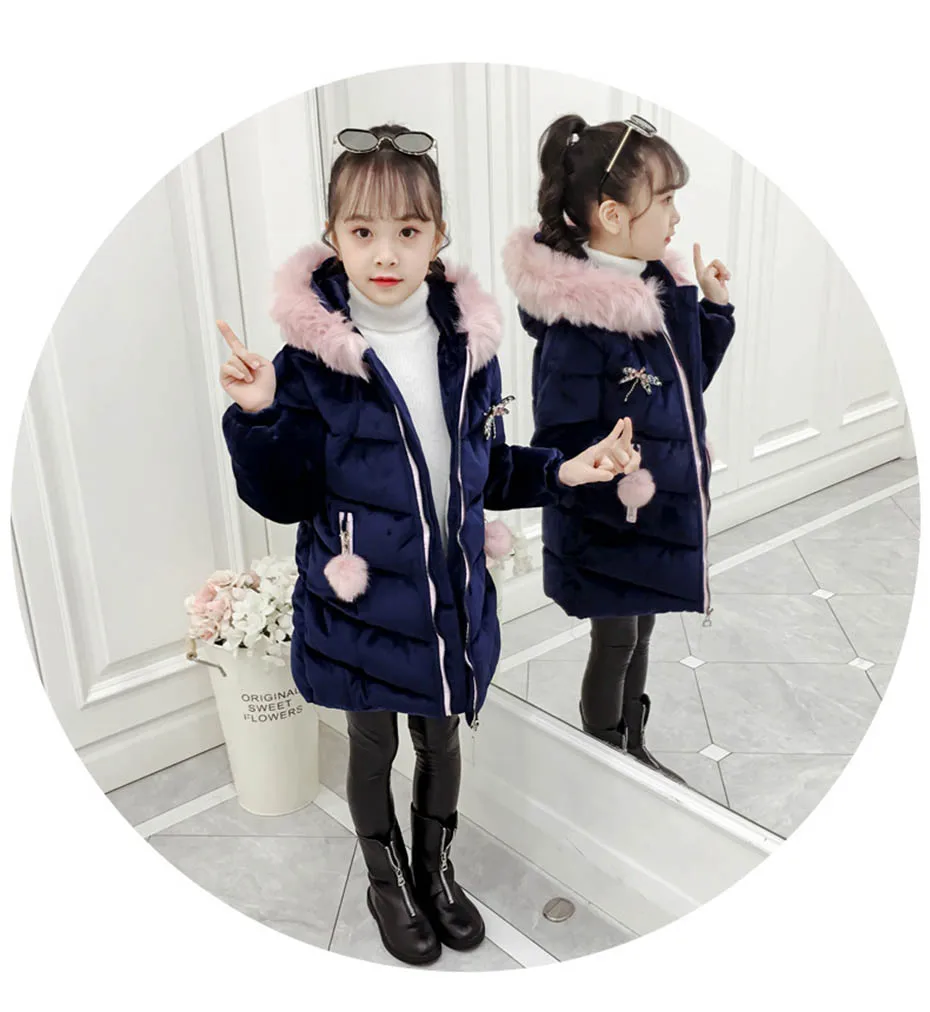 Пуховое пальто для девочек парки с капюшоном и меховым воротником для девочек детские пальто из плотного бархата с меховыми помпонами, теплая детская зимняя одежда для девочек