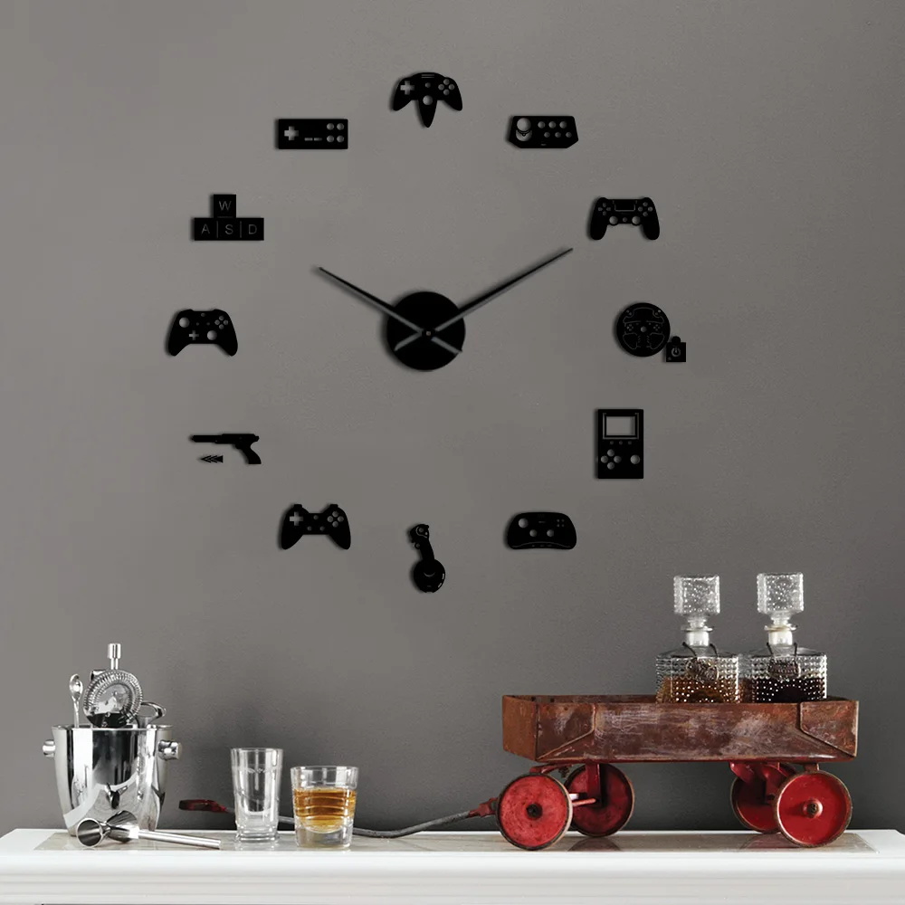 

Video Game Consoles DIY Large Wall Clock For Kids Room Gaming Wall Art Home Decor Gamepad Mirror Stickers Clock Watch Gamer Gift