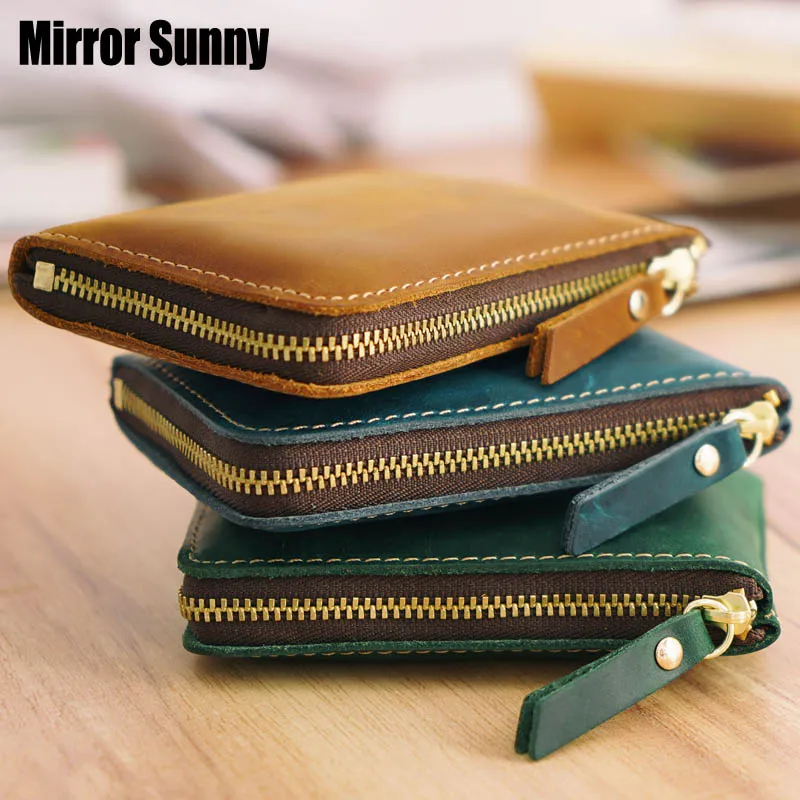 

Simple Card Holder Handmade Genuine Leather Short Retro Crazy Horse Leather Zipper Wallet Top Layer Cowhide Wallet Coin Purse