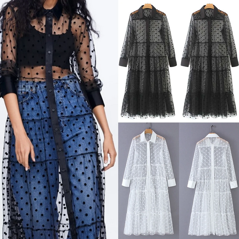 

Fashion Women's Mesh Sheer V Neck Dot Long Maxi Midi Dress Summer Boho Casual See-through Evening Party Beach Dress Sundress