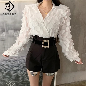 

2020 Spring New Women's Ins Fashion Suits Two Pieces Set Petal Sleeve V-Neck Blouse Tops And Black Short Pant S9N906K