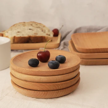 

Wood Plate Fruit Dishes Saucer Tea Tray Dessert Dinner Plate Round Shape Square Wooden Pan Baking Platter Tableware Set Utensils
