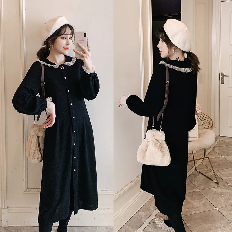 

Autumn Plus 2019 Winter Dress Ruffled with Lace Long Sleeve Patchwork Lace Women Long Dress 5XL Slim female sweet Dress Cardigan