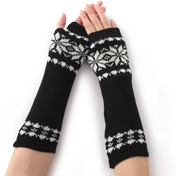 

Long Winter Gift Girls Warm Fingerless Gloves For Women Arm Knit Snow Pattern