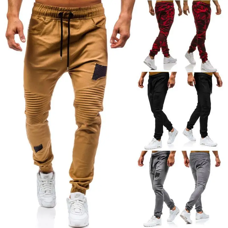 

2018 New Products Pleated Rags Casual Pants Joint Knees Pleated with Drawstring MEN'S Trousers 3406
