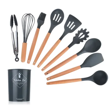 

9/12PCS Silicone Cooking Utensils Set Non-stick Spatula Shovel Wooden Handle Cooking Tools Set With Storage Box Kitchen Tools