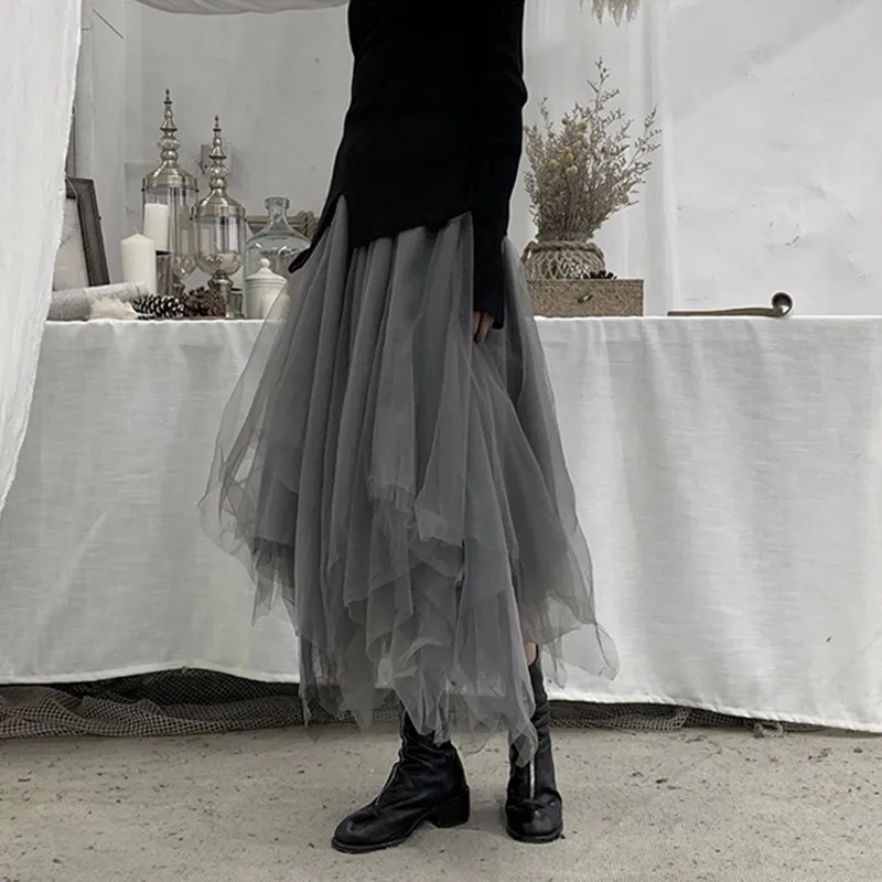 

Punk Gothic Black Tulle Long Skirt Women Korean Harajuku Irregular Elastic High Waist A-Line Pleated Midi Skirt 2021 Faldas Jupe