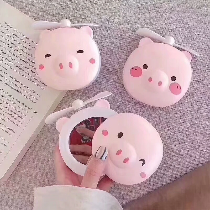 

Portable LED Cartoon Pig Fill Light Makeup Mirror Fan Bright Adjustable USB Charging Portable Handheld Mini Fan