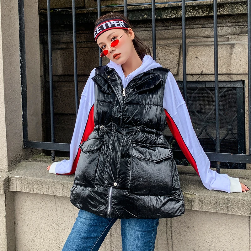 

Женская зимняя куртка без рукавов, облегающий однотонный Длинный жилет, женское блестящее плотное хлопковое Стеганое пальто с большими карманами и воротником-стойкой