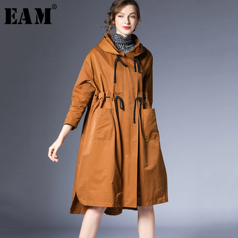 

[EAM] Women Drawstring Pleated Trench New Hooded Nine-quarter Sleeve Loose Fit Windbreaker Fashion Tide Autumn Winter 2019 1A663