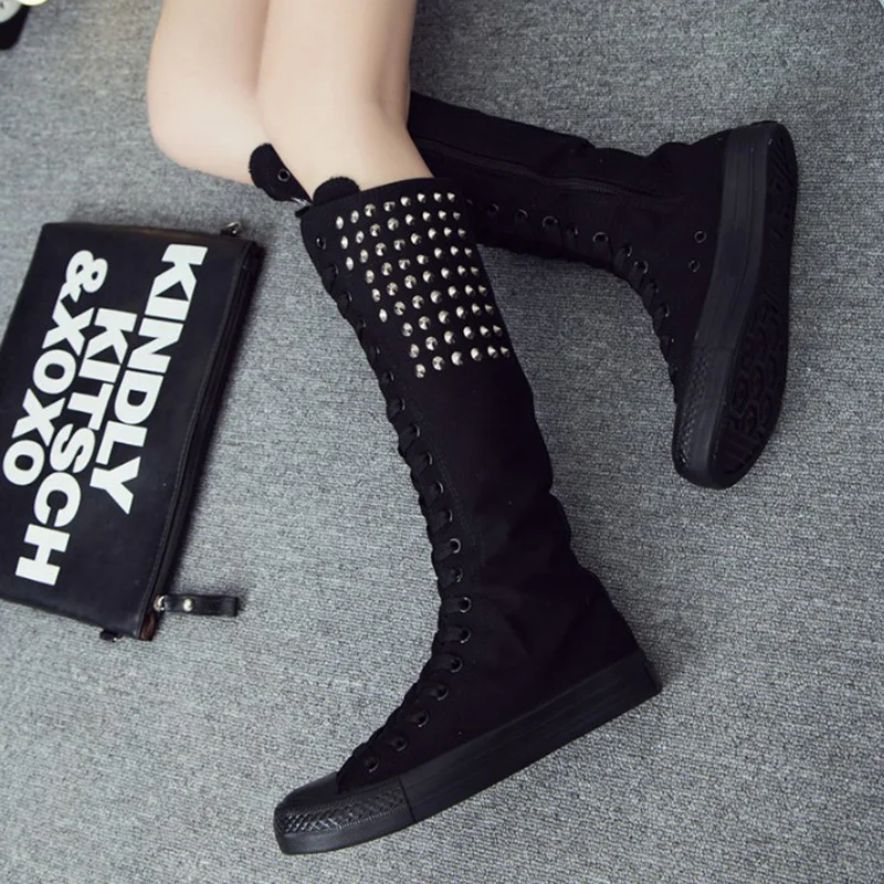 

HEE GRAND Women Motorcycle Boots Autumn Canvas High Boots Knee-high Lace-up Boots Punk Rivet Footwear Shoes Booten XWX7387