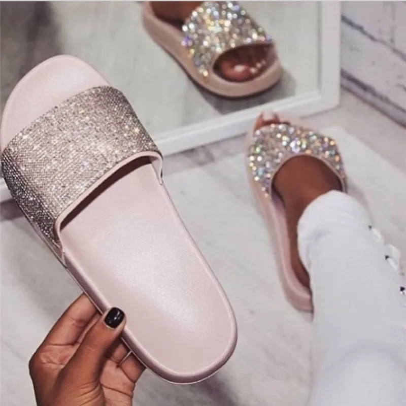 

Large Size Women's Slippers Women Summer Shoes Shiny Flat Slippers Bling