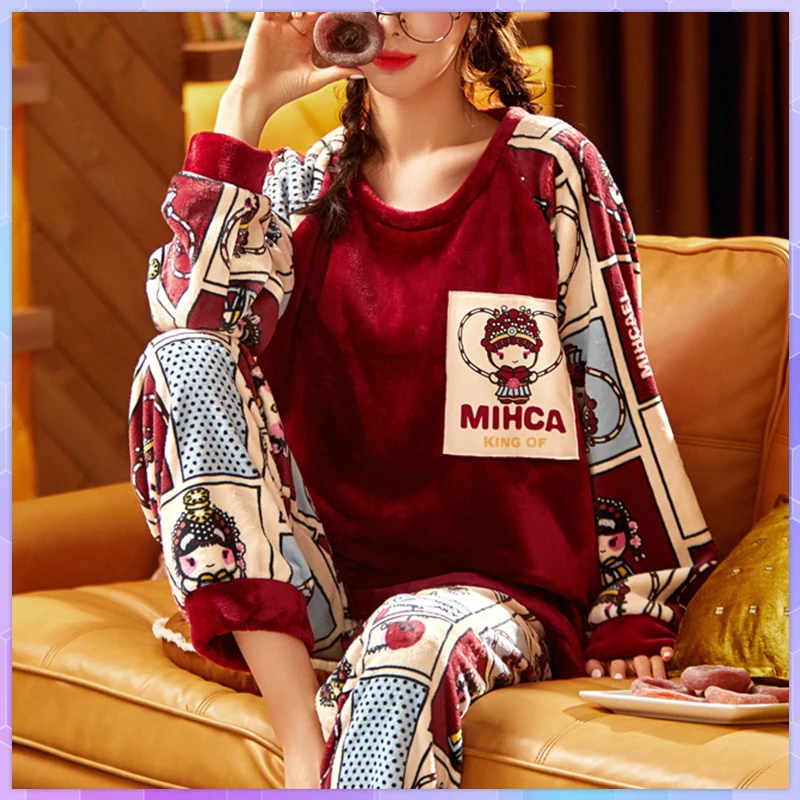 

Winter Warm Female Women's Pajamas Thick Coral Velvet Trouser Suits Long Sleeve Cartoon Sleepwear Sets Girl Home Clothes 2 Piece