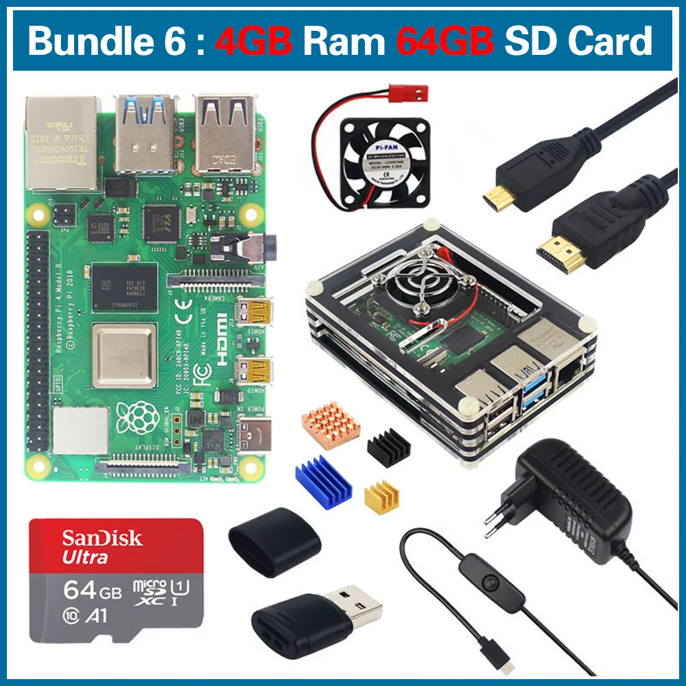 S ROBOT, новинка, оригинальная плата Raspberry Pi 4, Модель B, макетная плата, комплекты Ram, 1G, 2G, 4G+ 64, 32 GB, sd-карта RPI1 - Цвет: 4GB RAM 64GB SD Card