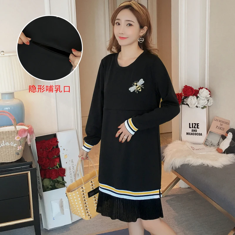 

7101# Autumn Casual Maternity Nursing Dress Spring Breastfeeding Clothes for Pregnant Women Spring Black Pregnancy Feeding Dress