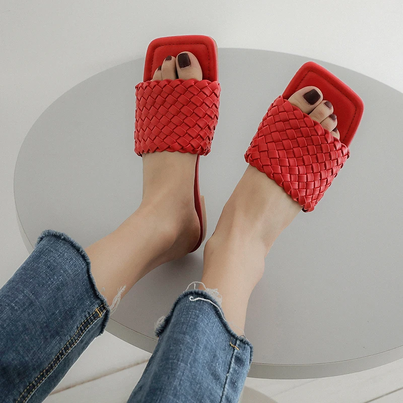 

KATELVADI 2020 Summer Red Weave Slippers Mules Square Toe Shoes Sandals TL-001