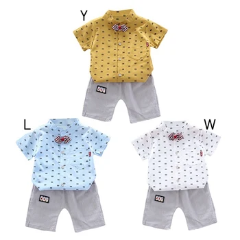 

A Baby Clothes Gentleman Boys Short Sleeve Crescent Print Bow Tie Shirt + Shorts