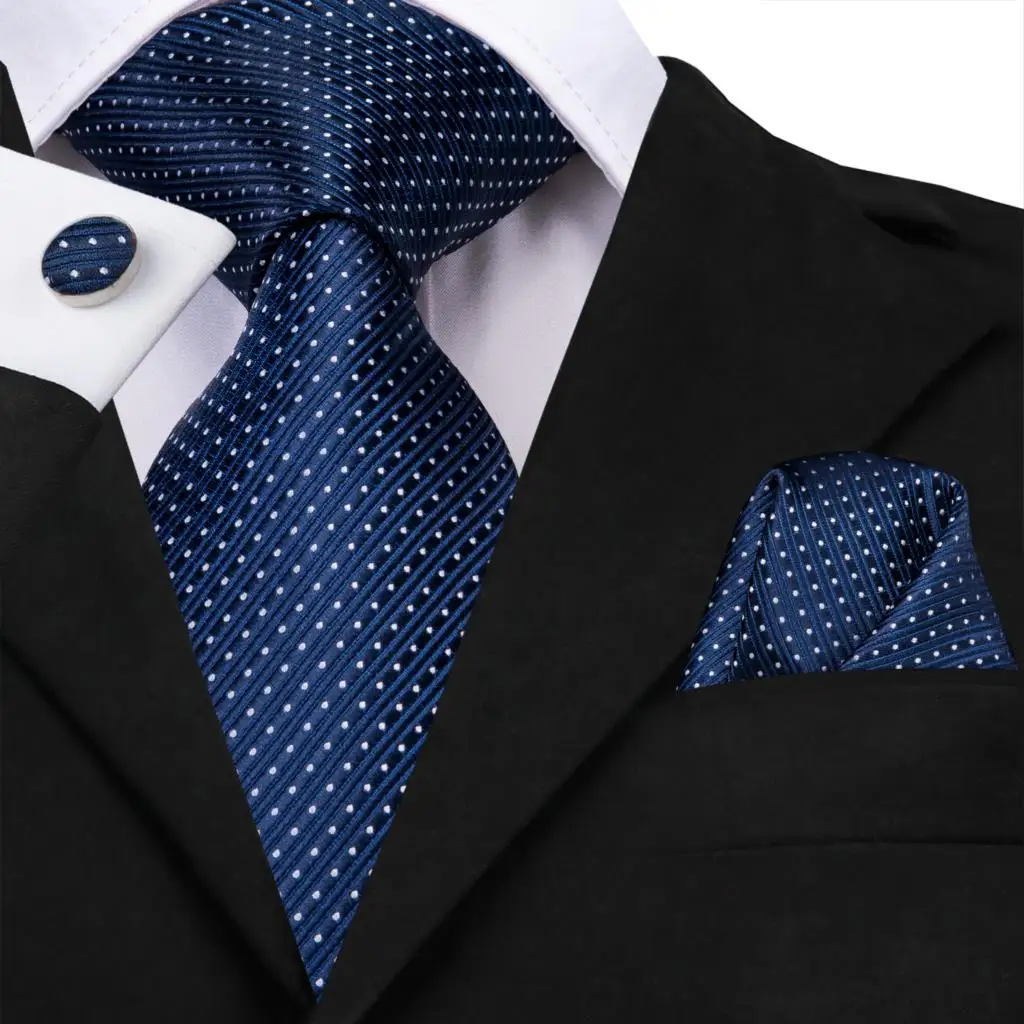 

Navy Blue Dot Striped Silk Wedding Tie For Men Handky Cufflink Gift Mens Necktie Fashion Designer Business Party Dropship Hi-Tie