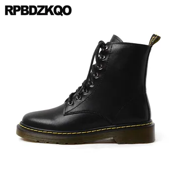 

black genuine leather fur flat comfortable lace up ankle british women boots winter 2019 booties round toe shoes military combat