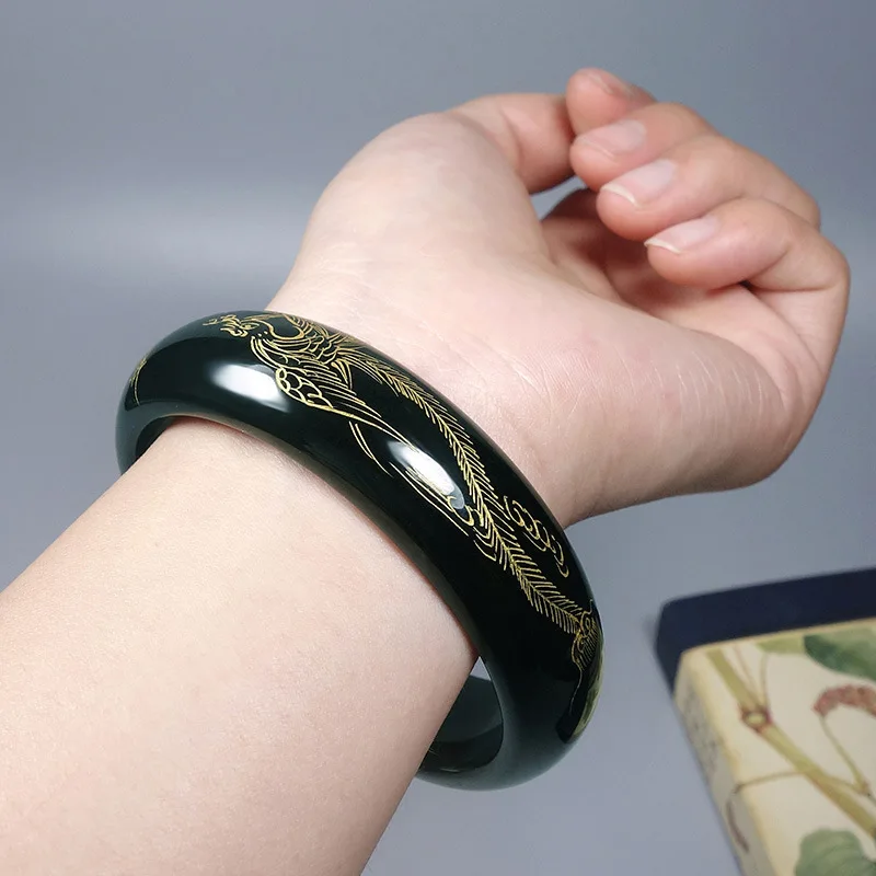 Natural handmade Hetian phoenix green jade bracelet jade bangle women
