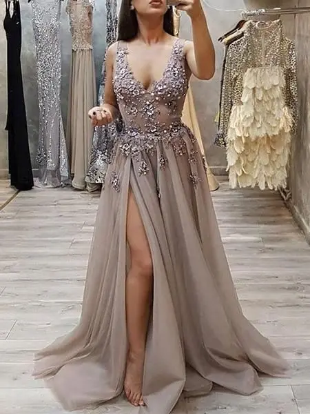 

Modest Deep V Neck Prom Dresses Long 2019 vestidos de fiesta largos elegantes de gala Side Split A Line Formal Evening Gowns