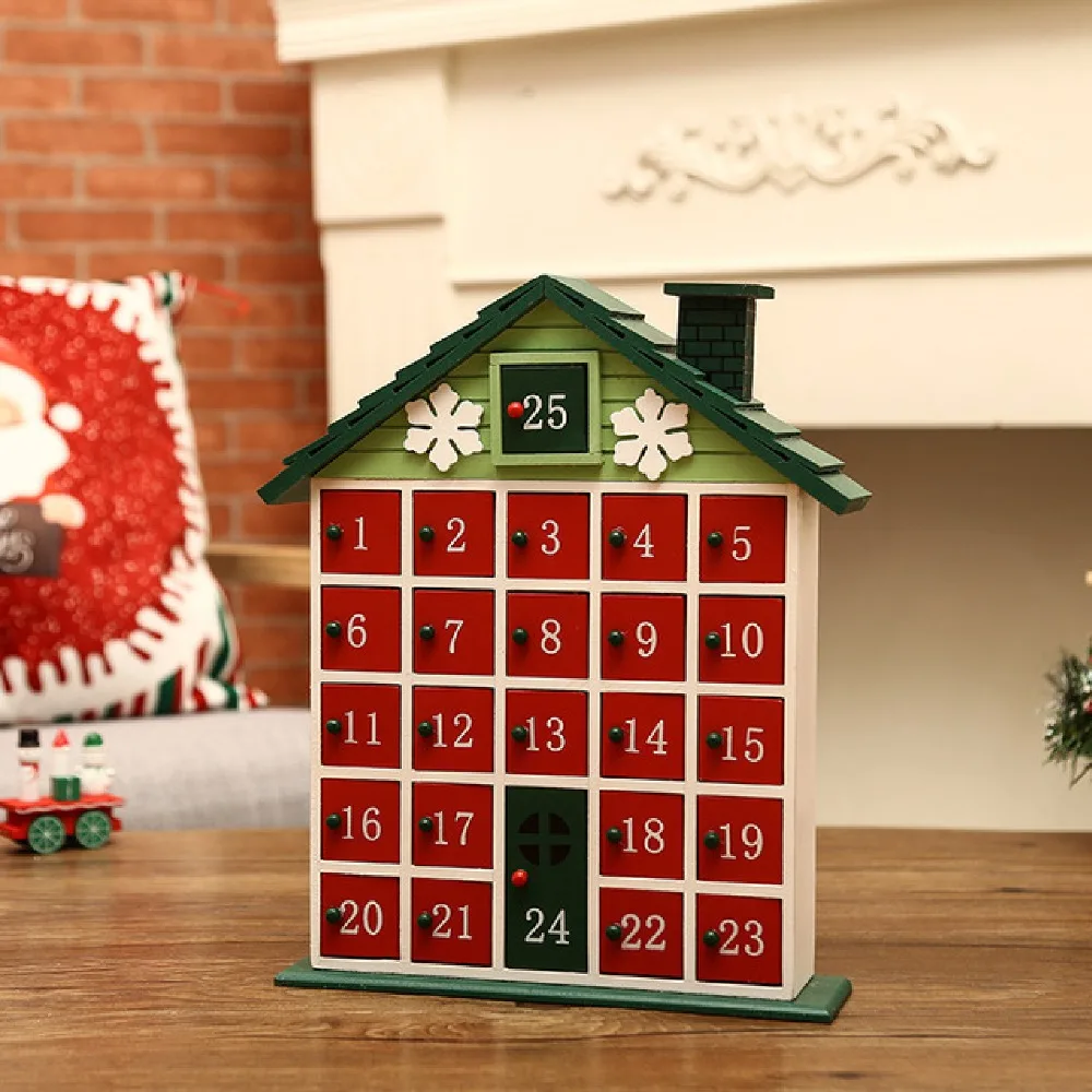 Christmas Ornament Craft Countdown Calendar Advent Home Desktop Drawer Living Room Decorative House Shape Wooden DIY Storage Box
