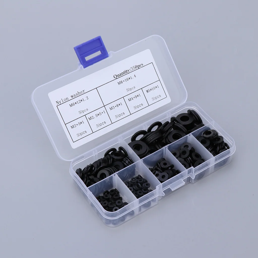 350Pcs Black & White Nylon Flat Spacer Assortment Shim Set Plain Washer O-Ring Gasket Kit M2 M2.5 M3 M4 M5 M6 M8