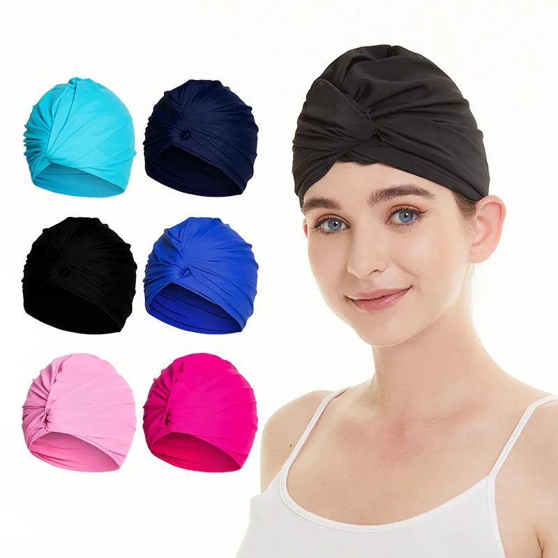 Women Adjustable Swimming Cap Swim Pool Bathing Hat Protect Long Hair Ears Turban Pleated Fabric Headwear Yoga Caps Multi Colors