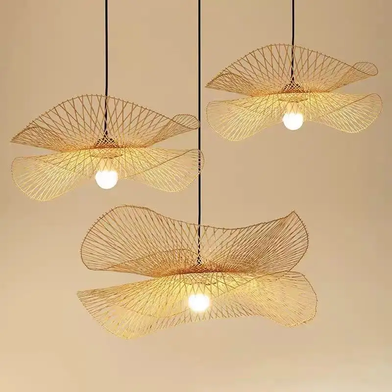 Chinese Style Bamboo Woven Wicker Pendant Lights Natural Rattan Shade Cap Hanging Lamp Restaurant Hotel Bedroom Lighting Fixture