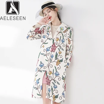 

AELESEEN 2020 New Fashion English Style Long Coat Women Luxury Beading Floral Pattern Embroidery High Quality Dobby Trench