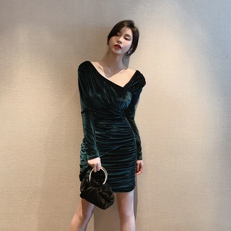 

2020 fall new long sleeve velvet slim dress Office Lady Polyester Sheath Full Knee-Length V-Neck Zippers